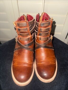 Freebird by Steven Cognac Brown Leather Ankle Booties with Strap Accents